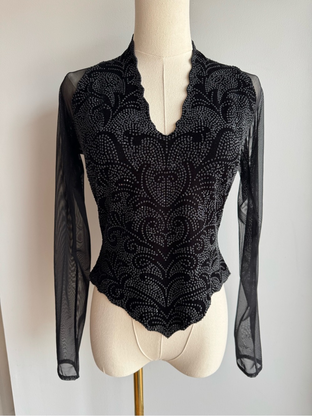 Vintage Y2K Glitter Party Top XS S Black Sheer Mesh Long Sleeve Gothic Glam Edgy - Picture 2 of 12